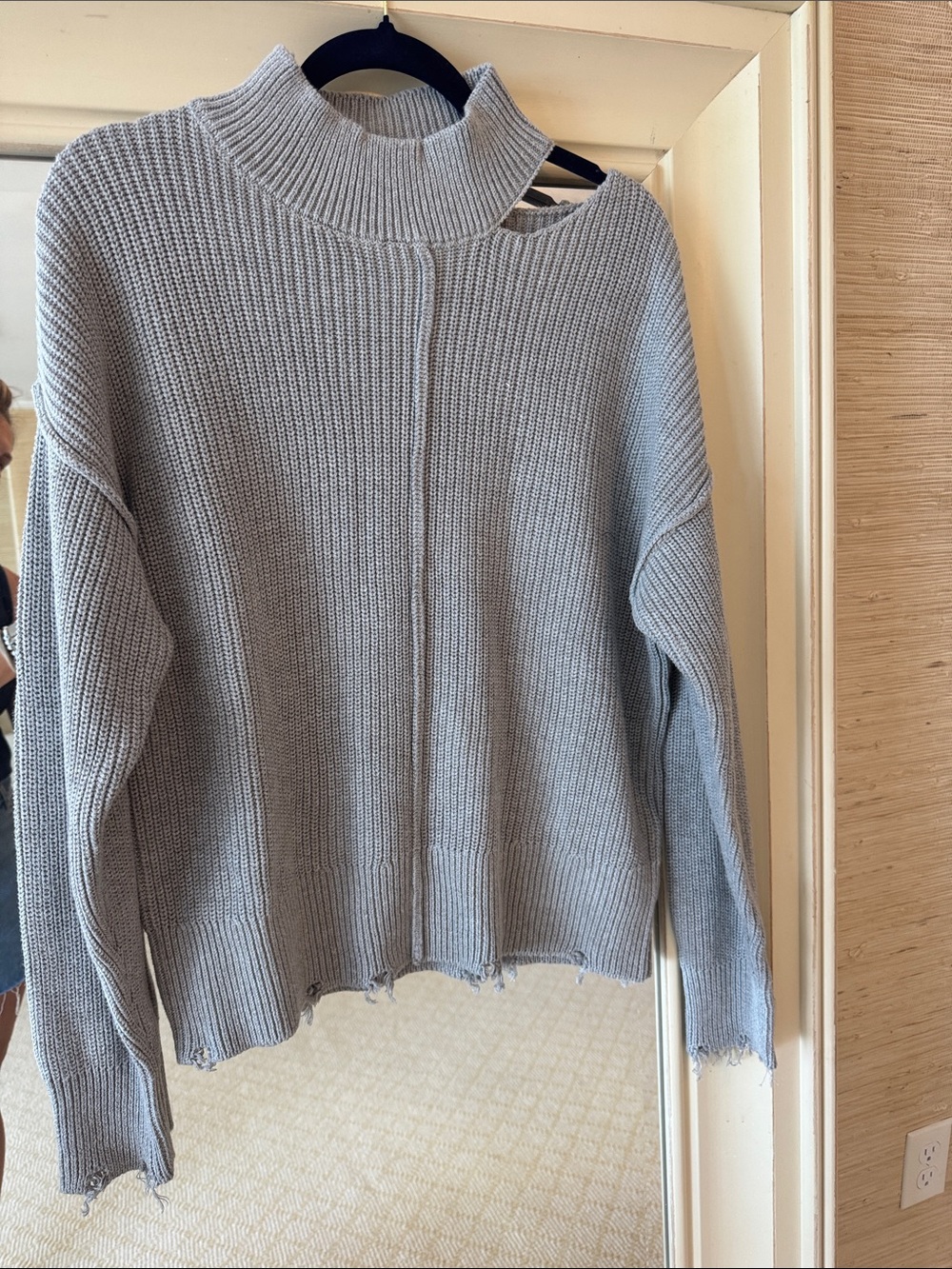 Bobi Black Women’s Distressed Ribbed Mock Neck Sweater - Light Gray